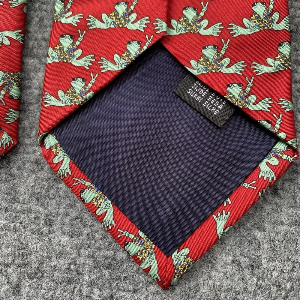 Peace Frogs Silk Necktie Red Green Whimsical Novelty Preppy Holiday